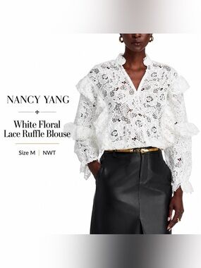 Nancy Yang White Floral Lace Ruffle Blouse NWT Size M